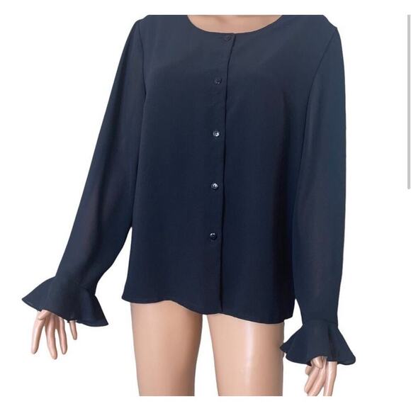 Tribeca Black trumpet ruffle cuff sleeve blouse button up SZ 14 Lightweight - Picture 3 of 8